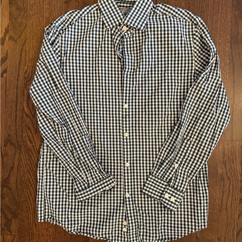 Michael Kors Dark Green and White Checkered Shirt Size 15-15.5 Neck